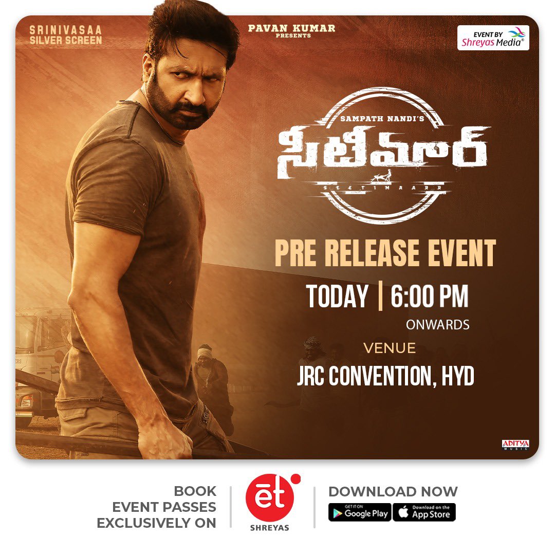 Brace yourself for @YoursGopichand's Intense sports drama #seetimaar's pre release event happening today at 6pm Book your passes 👉🏻 bit.ly/EventPasses A september 10th release #EventByShreyasMedia