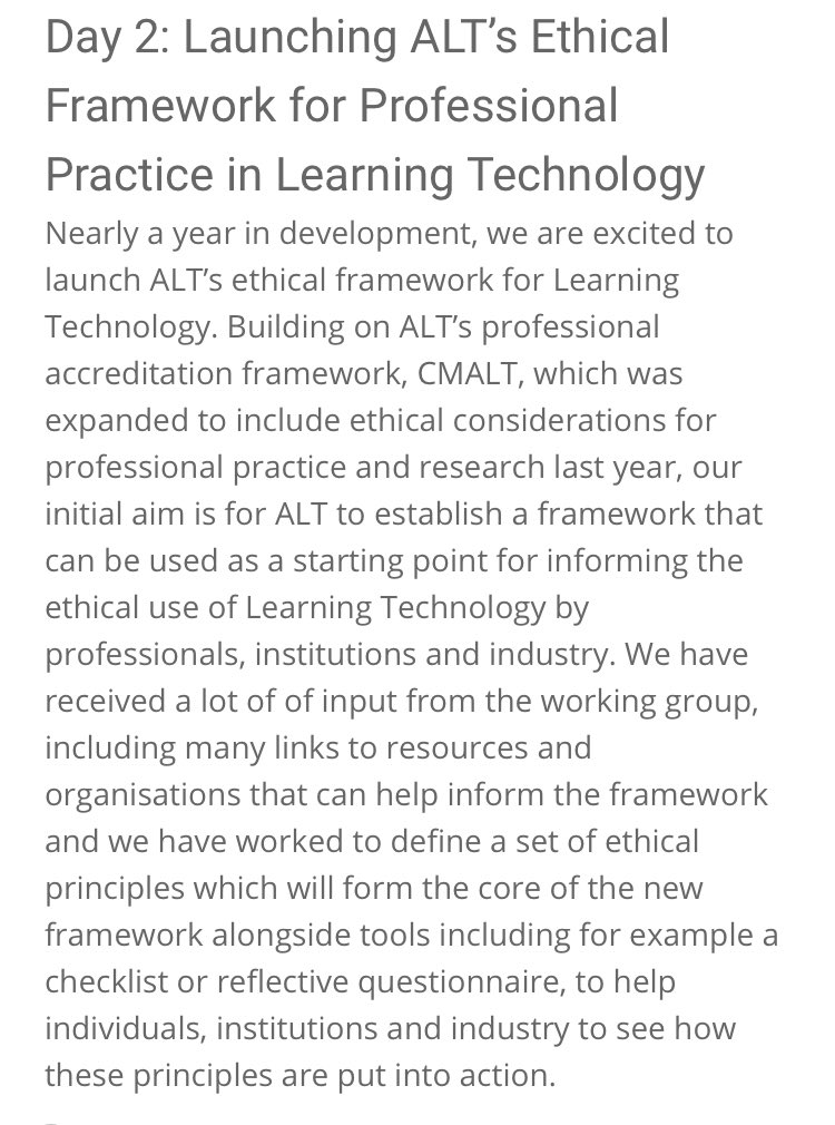 CatHallam1's tweet image. Excited and looking forward to the official launch 🚀 of ALT’s Ethical Framework with @bellaabramsIT @sharonlflynn, @philosopher1978, @jatenas @nlafferty, @johntraxler @MarenDeepwell. Interested to hear your views on parameters for Learning Tech. #altc2021