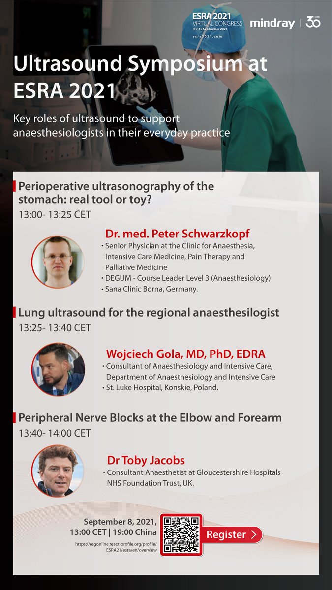 MindrayGlobal's tweet photo. Today is the #ESRA2021 Open Forum Day！Join the Mindray Symposium at 13:00 CEST to understand the key roles of #ultrasound in assessing the Stomach, Lungs and Nerves by 3 experienced #anesthesiologists  !
 https://t.co/pHbivSPlda
#ESRA #Innovation #pocus #TE9 #Mindray #anesthesia https://t.co/f22zjUH1hH