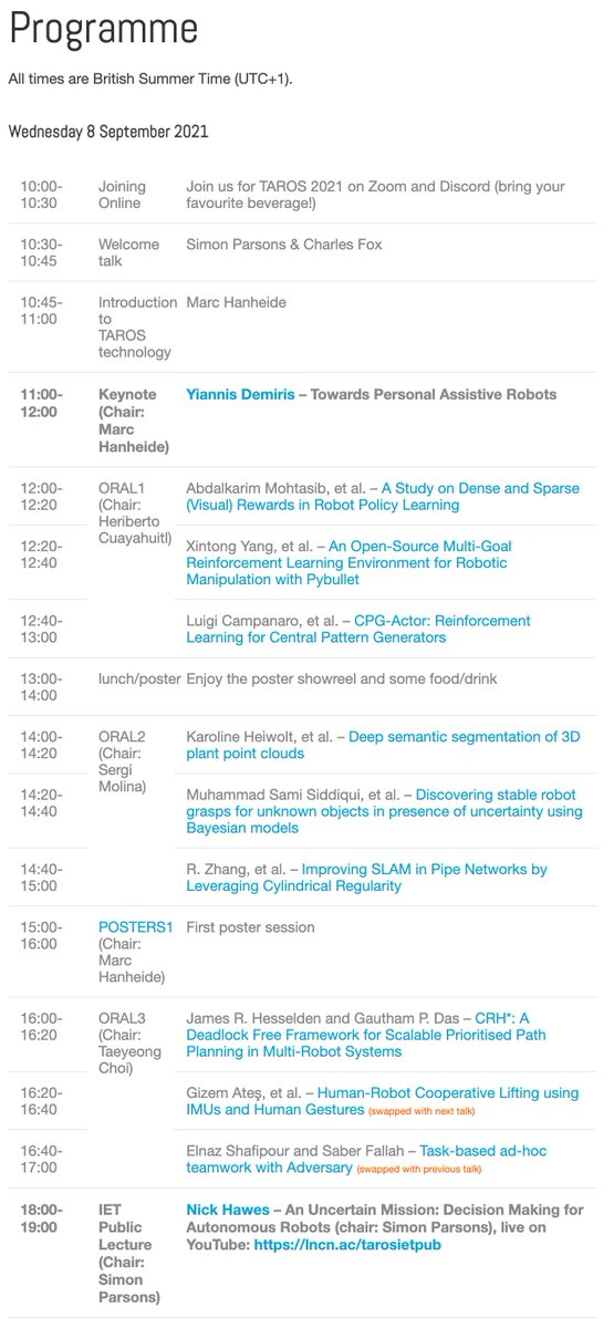 Welcome to TAROS 2021 Day 1 kicking off at 10:30 BST. Highlights of the day include the keynote by <a href="/YiannisDemiris/">Yiannis Demiris</a> at 11:00 and the <a href="/TheIET/">The Institution of Engineering and Technology</a> public lecture by <a href="/hawesie/">Nick Hawes</a> at 18:00. But there's much more today.  lcas.lincoln.ac.uk/wp/taros-2021/… Tweet with #taros2021 and we'll likely retweet.