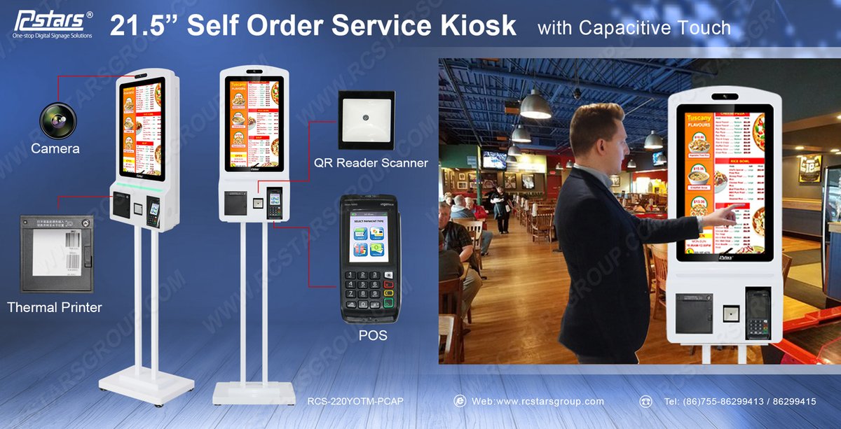 Check details of 21.5" Self Order Service Kiosk below:

-21.5'', 32" is optional 
-LCD Monitor // Android // Windows Functions optional
-Wall Mount // Free Standing
-Camera, Thermal Printer, QR Code Scanner options
-Leave the space for you installing your Payment POS
#digitalbra