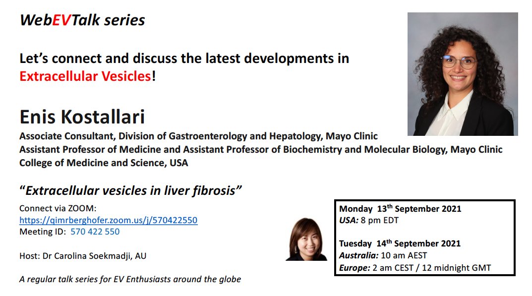WebEVTalk (@webevtalk) on Twitter photo Join us to discuss with <a href="/EKostallari_PhD/">Eni Kostallari</a> on “#ExtracellularVesicles in #liver #fibrosis”
Pubs⬇️
Mon 13th Sep 2021
USA: 8 pm EDT
Tues 14th Sep 2021
AU: 10 am AEST / 12 midnight GMT
ZOOM:
qimrberghofer.zoom.us/j/570422550
The waiting room opens 15 min prior to the event
1/4 Join us to discuss with <a href="/EKostallari_PhD/">Eni Kostallari</a> on “#ExtracellularVesicles in #liver #fibrosis”
Pubs⬇️
Mon 13th Sep 2021
USA: 8 pm EDT
Tues 14th Sep 2021
AU: 10 am AEST / 12 midnight GMT
ZOOM:
qimrberghofer.zoom.us/j/570422550
The waiting room opens 15 min prior to the event
1/4