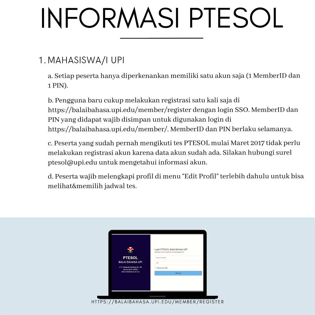 balaibahasaUPI's tweet photo. *INFORMASI PENTING*

Informasi pendaftaran tes PTESOL di laman https://t.co/B4ZeH4FGHg bagi peserta yang *sudah* memiliki akun dan yang *baru* mendaftar untuk menghindari duplikasi data.

#ptesol #cbptesol #balaibahasaupi #breakyourlanguagebarriers #upi #leadingandoutstanding https://t.co/FNRKmpN2kV