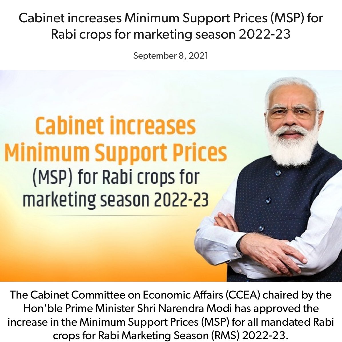 vijayrupanibjp's tweet image. Cabinet increases Minimum Support Prices (MSP) for Rabi crops for marketing season 2022-23
nm-4.com/LAkZEL

via NaMo App