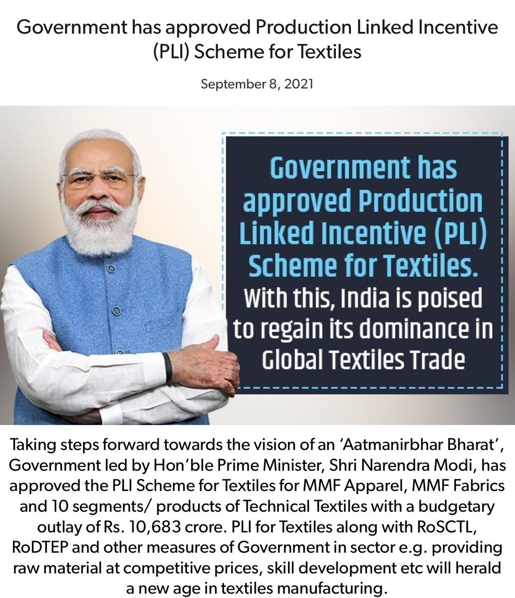 vijayrupanibjp's tweet image. Government has approved Production Linked Incentive (PLI) Scheme for Textiles
nm-4.com/x2DLnt

via NaMo App