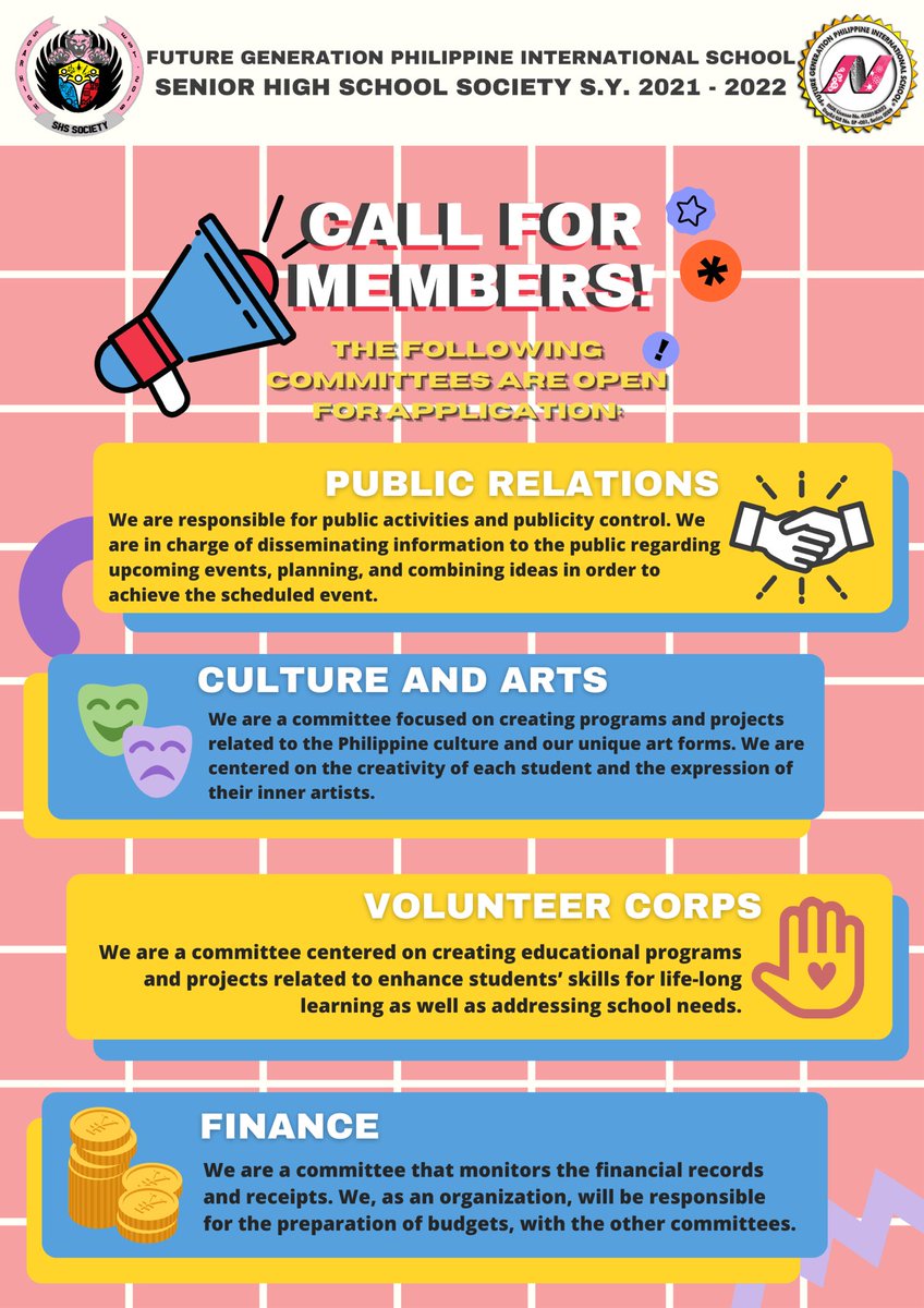 FG_SHSSociety's tweet photo. CALL FOR MEMBERS! The SHSS Committees would like to welcome committed and enthusiastic members for the S/Y 2021-2022. The application shall be open from Sept 9 to 11. For more information, stay tuned for tomorrow’s SHSS Committee Orientation during HRO time.

#SHSSocCommittees https://t.co/on0TUsUp4M