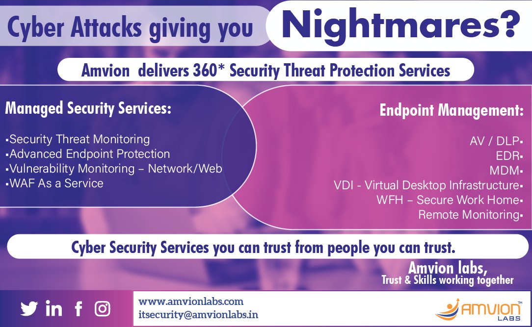 Amvion Labs delivers 360* Security Threat Protection Services.
Learn More: lnkd.in/ec98mzz

#amvion #cybersecurity