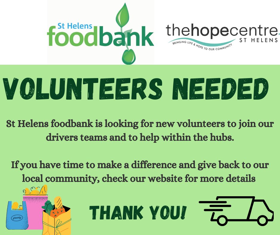 📢St Helens foodbank is looking for new volunteers to join our team📢🛒🚚 If you are able to spare a few hours a week, all the details are on our website - ttps://sthelens.foodbank.org.uk/give-help/volunteer/ #Volunteer #StHelens #Foodbank #giveback #Community #TrussellTrust