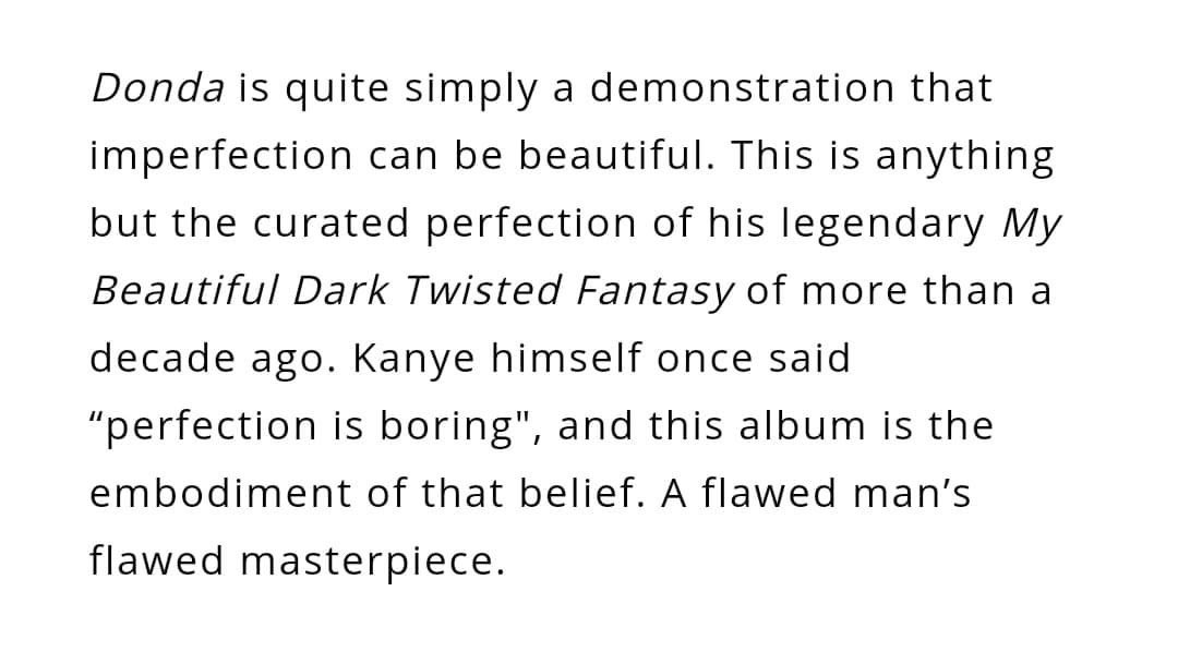 michellemudave's tweet photo. My friend snapped with just this one paragraph for his Donda review for @mojonewsau https://t.co/XnqA022bZn