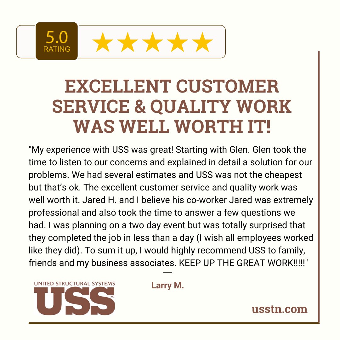 USS_TN's tweet photo. Thank you, Larry for your 5-star review! #foundationrepair #waterproofing #crawlspaceencapsulation #structuralrepair #nashvilletn #teamwork #crawlspacewaterproofing #bowlingreenky #basementwaterproofing #concreterepair https://t.co/ZWXzfkxXwT