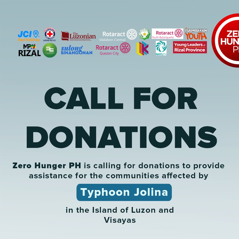 ZeroHungerPH's tweet photo. Pilipinas, Bayanihan tayo 🇵🇭

Zero Hunger PH is calling for donations to provide assistance for the communities affected by Typhoon Jolina in Luzon and Visayas

Our community beneficiaries will be from Masbate, Batangas, Samar, and Eastern Samar https://t.co/66dnMAgCLz