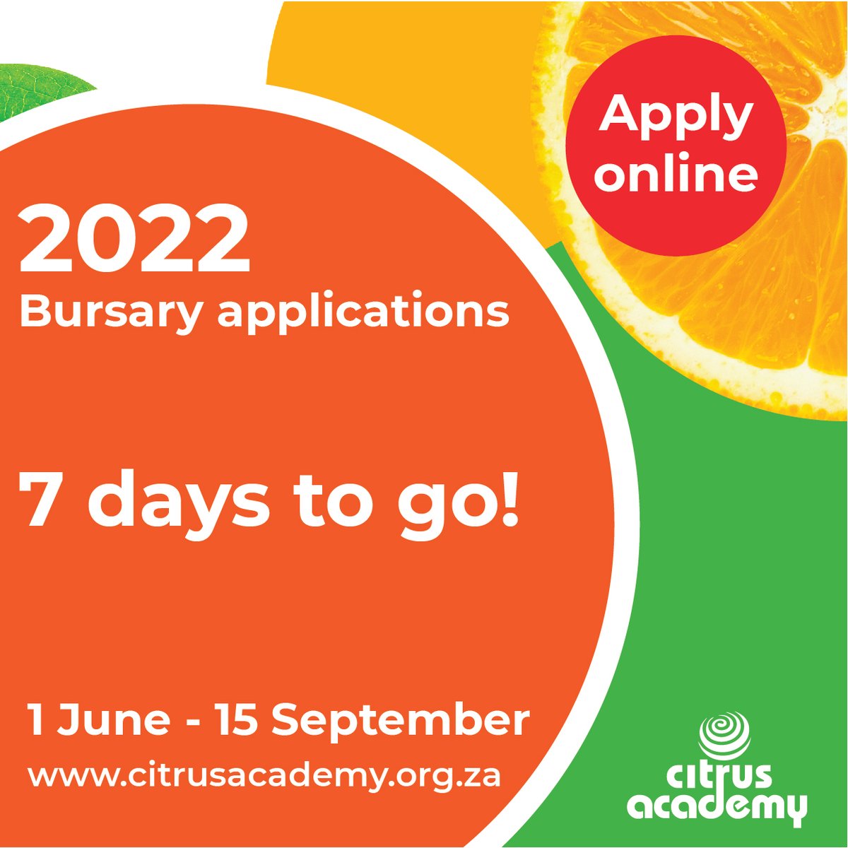 One week to go to apply for a Citrus Academy bursary! 
Apply online at bit.ly/3g36Rpm

#GoTeamCitrus