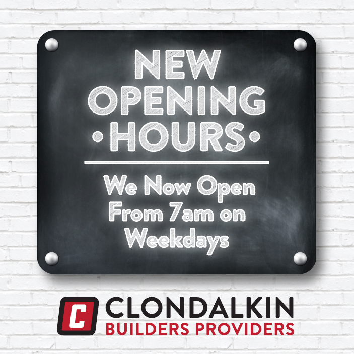 corebuildie's tweet photo. Clondalkin Builders Providers are switching on their lights earlier. After listening to our customers we will be opening our doors from 7am on weekdays. 
*Our New Opening Hours*
7am- 5pm                Mon – Thu
7am – 4pm               Fri
8am – 12.30pm       Sat https://t.co/wR7q5hmGJj