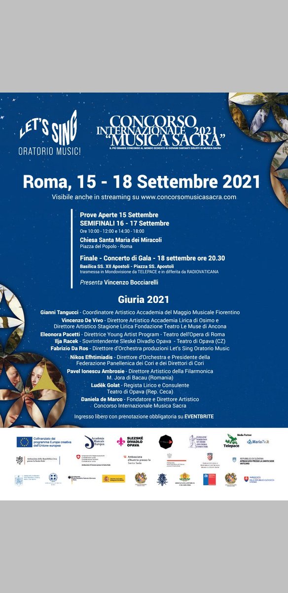 EmbEspItalia's tweet photo. Dal 15 al 18 settembre Roma ospitterà il Concorso Internazionale "Musica Sacra" 2021 con la partecipazione di 75 cantanti lirici di 37 nazionalità diverse. @SacredMusicRome @MAECgob @EspanaGlobal #LetSing #CreativeEurope #RomesacredMusic https://t.co/4kFIFKi631