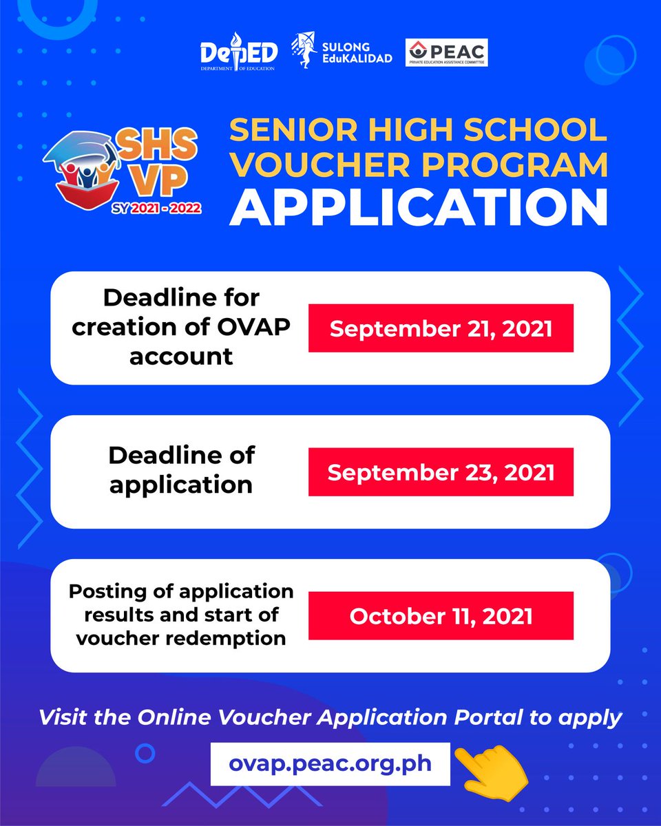 DepEd_PH's tweet photo. IMPORTANT DATES TO REMEMBER PARA SA ATING INCOMING SHS STUDENTS! ๐
Hello, bestie! Ikaw ba ay nagpa-plano na mag-apply para sa SHS Voucher Program ngayong SY 2021-2022? Narito ang mga mahahalagang petsa na dapat mong tandaan kaugnay sa aplikasyon nito.
#SHSVP https://t.co/LcwGK9I1ev