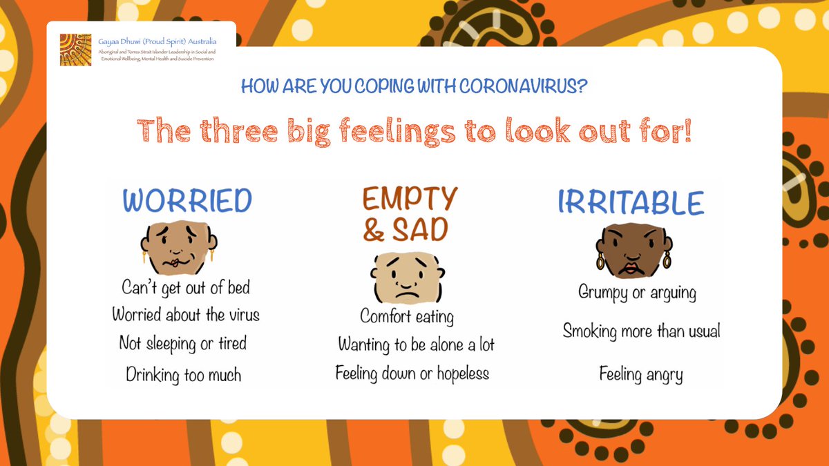 Three big feelings to look out for during the #COVID19 pandemic!

Make sure you are checking in on yourself and your mob during these tough times. 🧡

#MentalHealth #AboriginalHealth #TorresStraitIslanderHealth #coronavirus #indigenousmentalhealth #indigenoushealth #INDIGENOUS