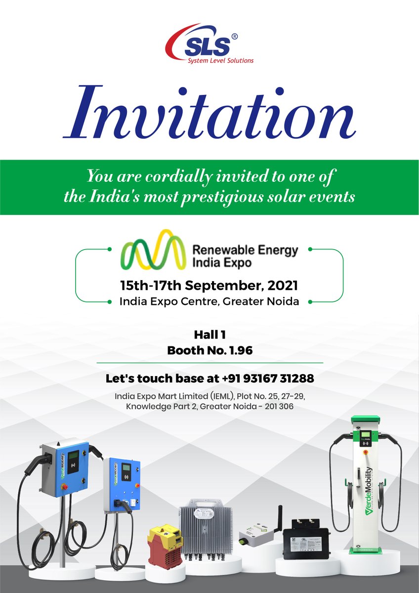 S_L_S's tweet image. SLS is pleased to inform you that we will be presenting our products at the Renewable Energy India Expo 2021.
 
Excited to welcome you all at Booth No.1.96 in Hall 1.

To touch base, connect with us at info@slscorp.com

#renewableenergyindiaexpo #sls #systemlevelsolutions