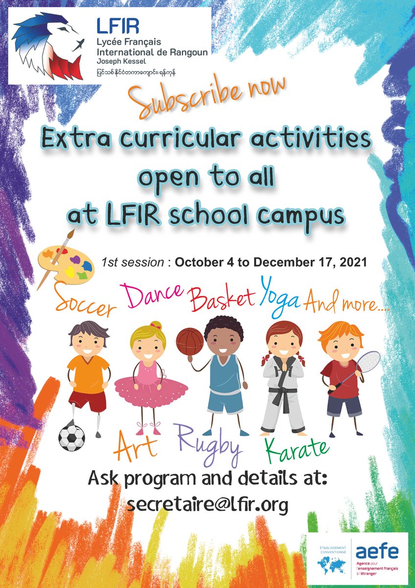 LFIRygn's tweet photo. Notre programme d'activités extra scolaires prend forme ! Inscrivez vous !
@AEFEAP @FrancenBirmanie https://t.co/bvpiUkF7nJ