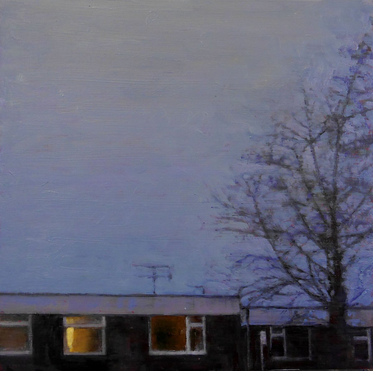 Flats - dusk. 2016. <a href="/KateShermanArt/">Kate Sherman</a>. #Oil on panel. A privacy is observed during the transition from day to night, when domestic patterns shift, rouse and prepare. Life in the top floor flat is self-contained and contrasted against an open sky.

#oilpainting #ukartist #painting