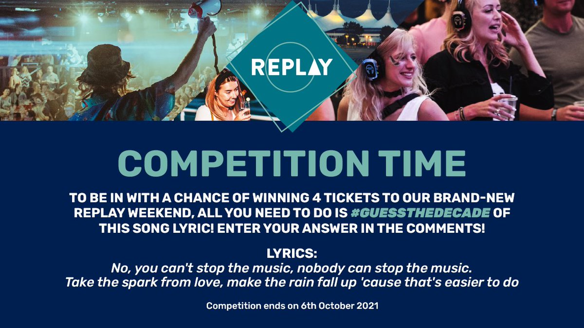 BigWeekenders's tweet photo. To be in with a chance of winning 4 tickets to Replay β the latest addition to our fun filled party weekends, all you need to do is comment which decade these song lyrics are from! #butlinsliveweekends #guessthedecade #replaygiveaway https://t.co/QpO0sXeWYR