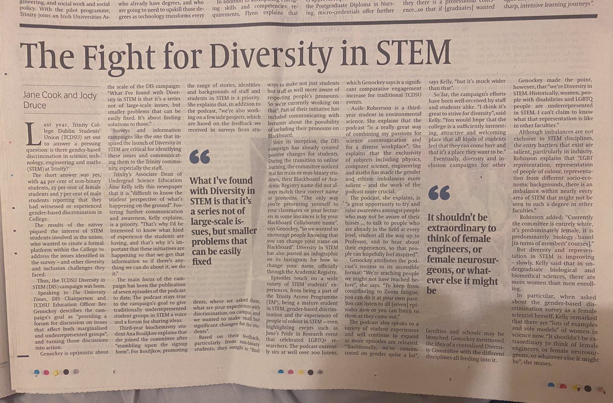 Entering my second year as @universitytimes Science & Research Editor and we are finally back in print!! First print byline w/ @DruceJody on the @tcdsu @TCDSU_Education Diversity in STEM campaign