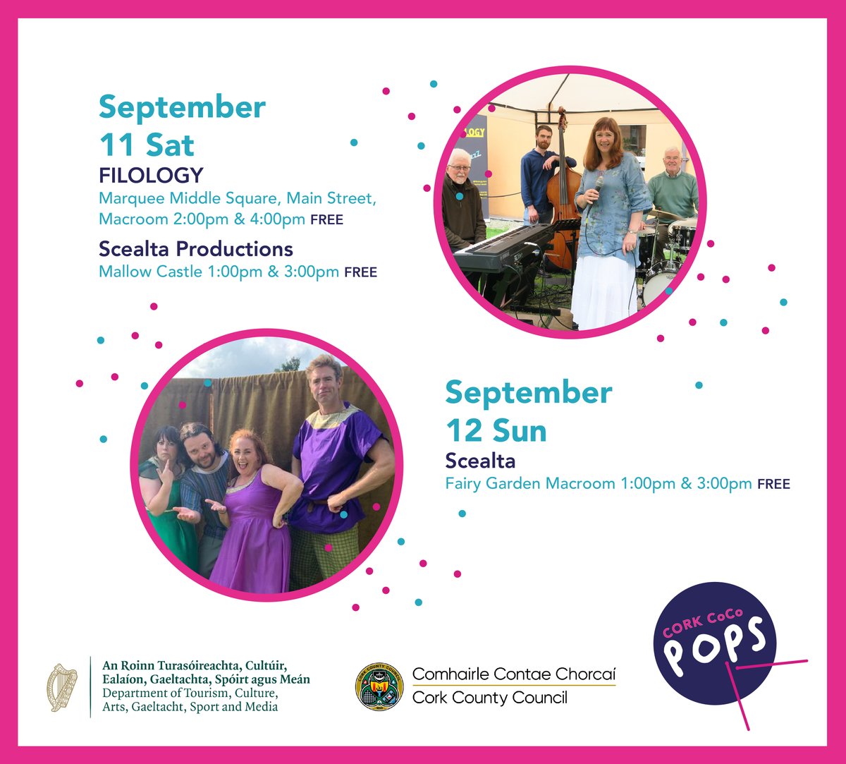 Corkcoco's tweet image. 🎭🪕Check out the line up for this weekend's Cork Co Co Pops.🎭🪕

Please note the Scéalta Productions event on Saturday the 11th at 1pm and 3pm is sold out!

#LLPPS
@pure_cork  
@DeptCulturelRL