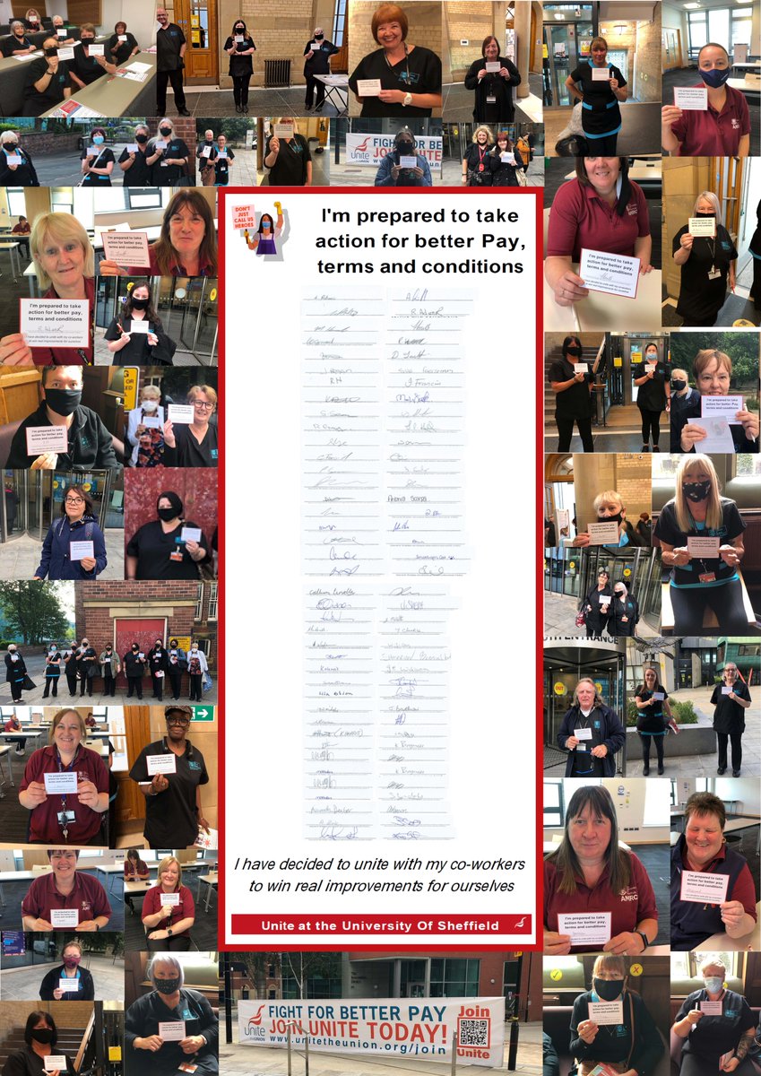 100 cleaners at <a href="/sheffielduni/">The University of Sheffield</a> have signed pledges to take collective action over pay, terms, and conditions. 
They are demanding £10 an hour, <a href="/LivingWageUK/">Living Wage Foundation</a> accreditation, and opportunities for pay progression.
Sign here to support the campaign: megaphone.org.uk/petitions/dema…