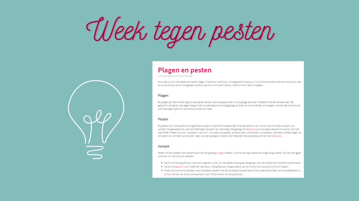Het is de Week tegen pesten <a href="/veiligopschool/">School & Veiligheid</a>. Wanneer wordt plagen pesten? Je kunt het hierover hebben met je kind. De tips voor ouders lees je op: opvoeden.nl/plagen-en-pest….