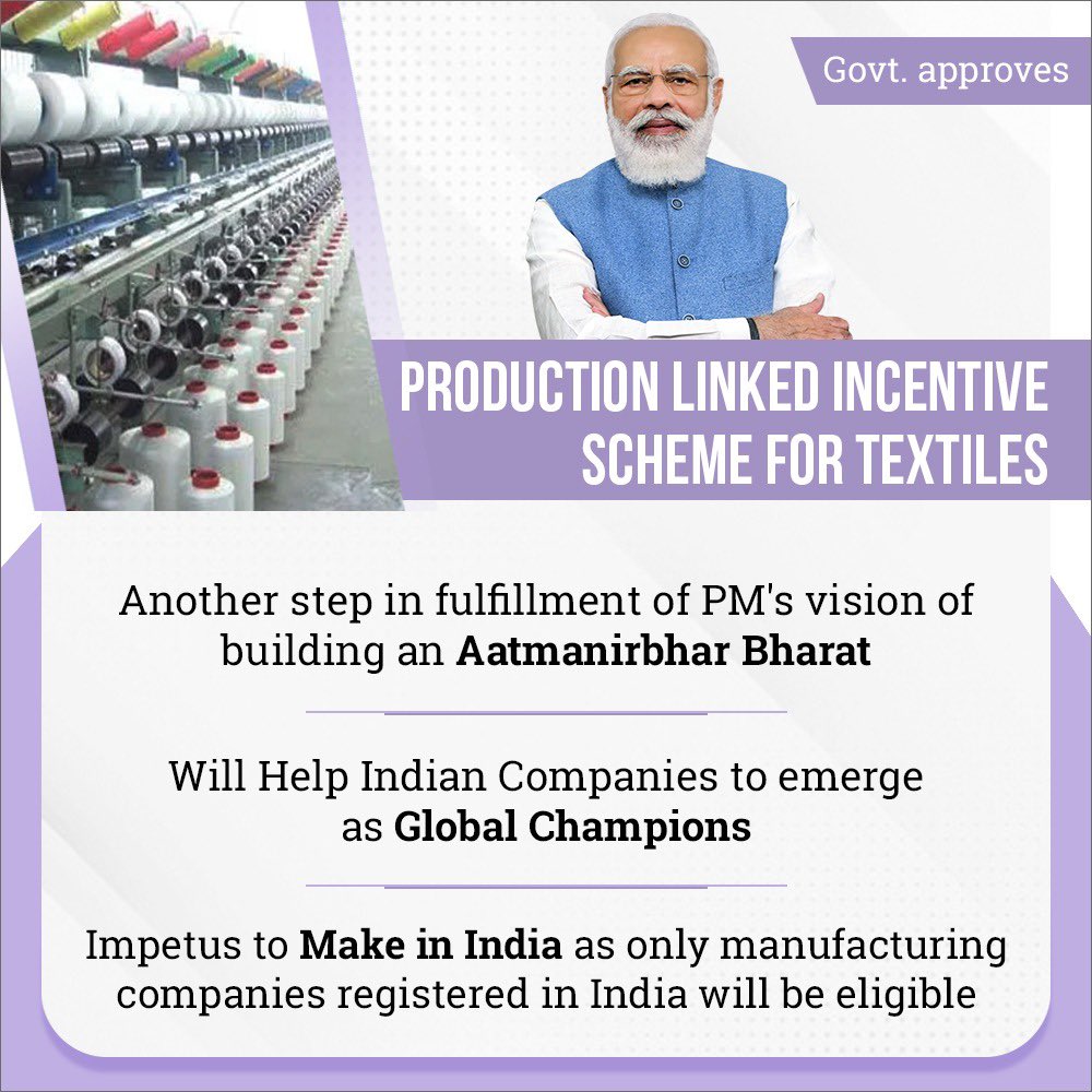 eepcindia's tweet photo. Big boost to the Textiles industry. βΉ 10,683 Cr outlay #PLI4Textiles gets Centreβs approval. Another step in realising Honβble PM @narendramodi jiβs vision of #AatmanirbharBharat by generating jobs and boosting exports. https://t.co/exztEsUTgp