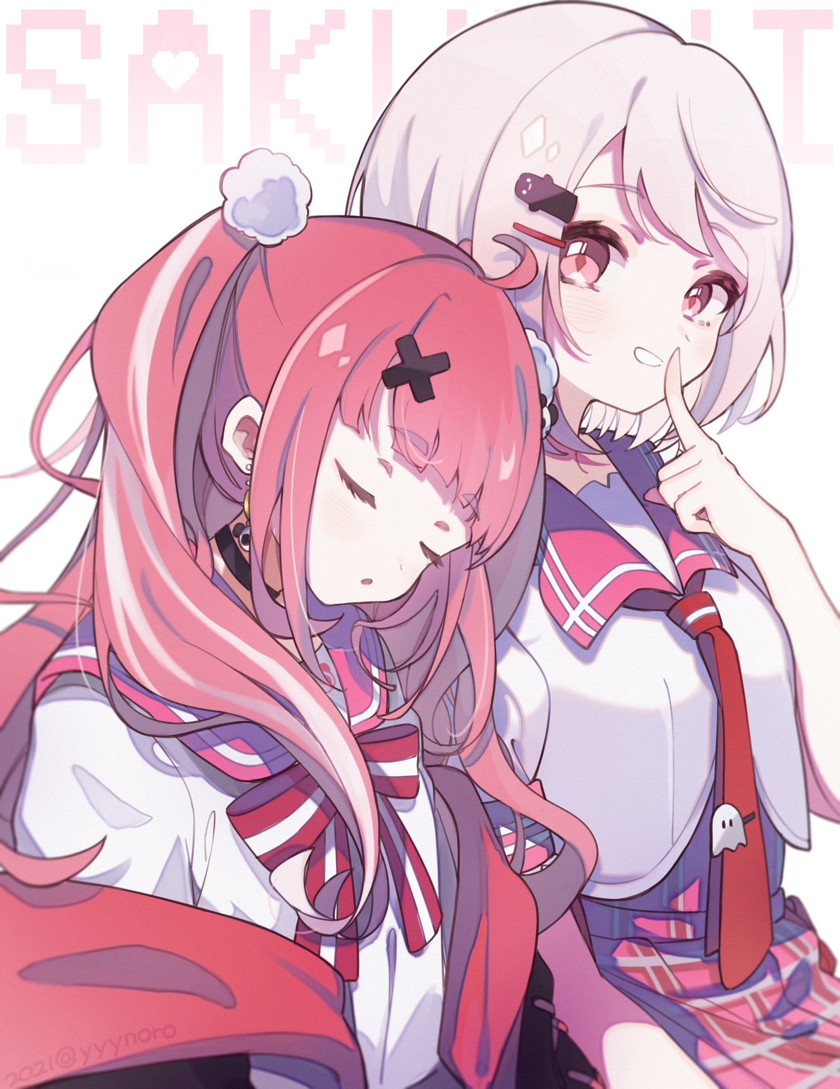 sasaki saku ,shiina yuika multiple girls 2girls red necktie white shirt hair ornament skirt pink hair  illustration images