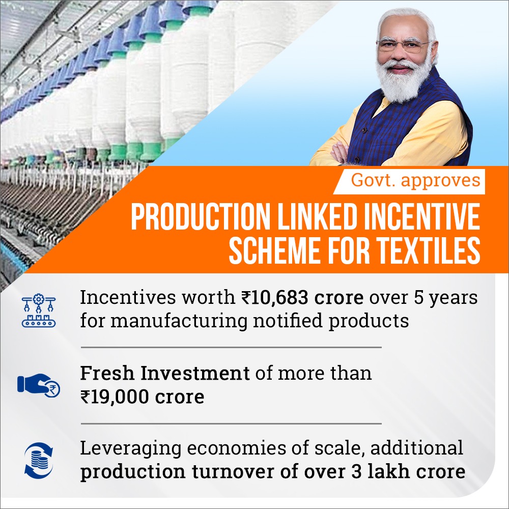 Dept of Commerce, GoI on Twitter: "#PLI4Textiles Cabinet under PM Narendra Modi ji gives nod to the Production Linked Incentive (PLI) Scheme for Textiles. Incentives worth ₹ 10,683 Cr to be provided