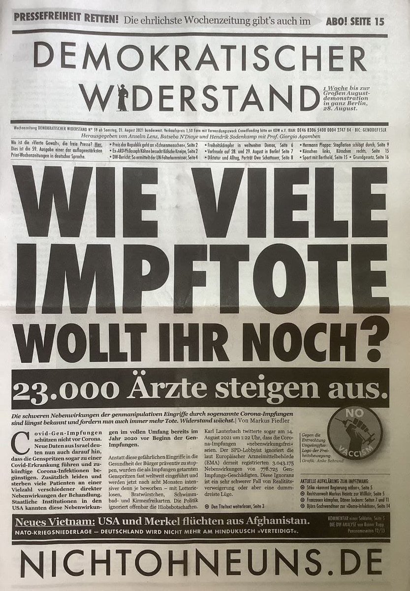 Gautam Goswami 🐭 (@real_ggoswami) on Twitter photo 23,000 German doctors have refused to inject COVID-19 vaccine injections.
The newspaper headline reads:
How Many More Vaccine Deaths do You Want?
demokratischerwiderstand.de/artikel/294/wi…
<a href="/arkmedic/">Dr Ah Kahn Syed</a> <a href="/CraigKellyMP/">CreamyCraig69</a> <a href="/_davidlimbrick/">David Limbrick MP 🌸</a> <a href="/Paramythia__/">Paramythia</a>
#COVID19
#CovidVaccine
#Australia 23,000 German doctors have refused to inject COVID-19 vaccine injections.
The newspaper headline reads:
How Many More Vaccine Deaths do You Want?
demokratischerwiderstand.de/artikel/294/wi…
<a href="/arkmedic/">Dr Ah Kahn Syed</a> <a href="/CraigKellyMP/">CreamyCraig69</a> <a href="/_davidlimbrick/">David Limbrick MP 🌸</a> <a href="/Paramythia__/">Paramythia</a>
#COVID19
#CovidVaccine
#Australia