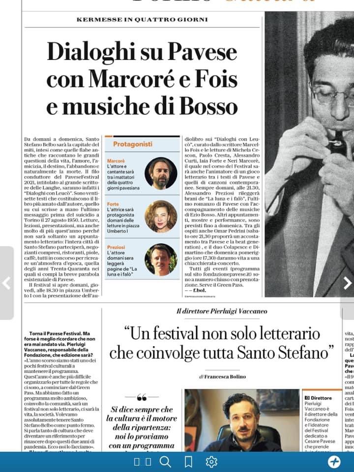 Il Pavese festival a Santo Stefano Belbo da domani a domenica. 

"Quello che cerco l'ho nel cuore come te" (Dialoghi con Leucó) L’intervista a <a href="/piervaccaneo/">Pierluigi Vaccaneo</a> direttore della Fondazione Cesare Pavese. Oggi su <a href="/rep_torino/">Repubblica Torino</a>