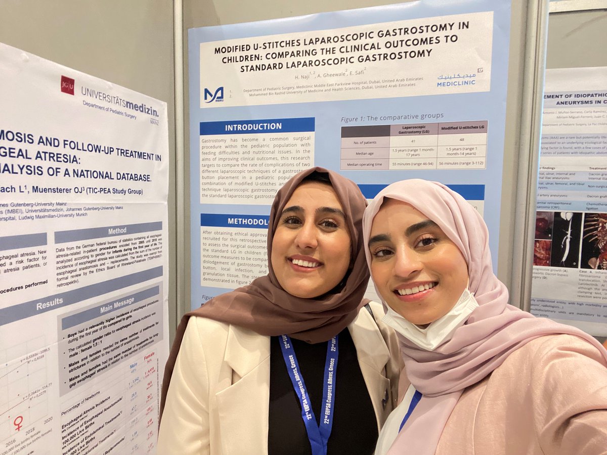 MBRUniversity's tweet photo. Our Year-6 #MBRUMedical students, @aafiagheewale &amp; Ebtesam Safi presented their research Modified U-stitches Laparoscopic Gastrostomy in Children: Comparing the clinical outcomes to standard Laparoscopic Gastrostomy at the 22nd @EupsaOffice congress in Greece. 
#MBRU https://t.co/VZqiJwP2Ug