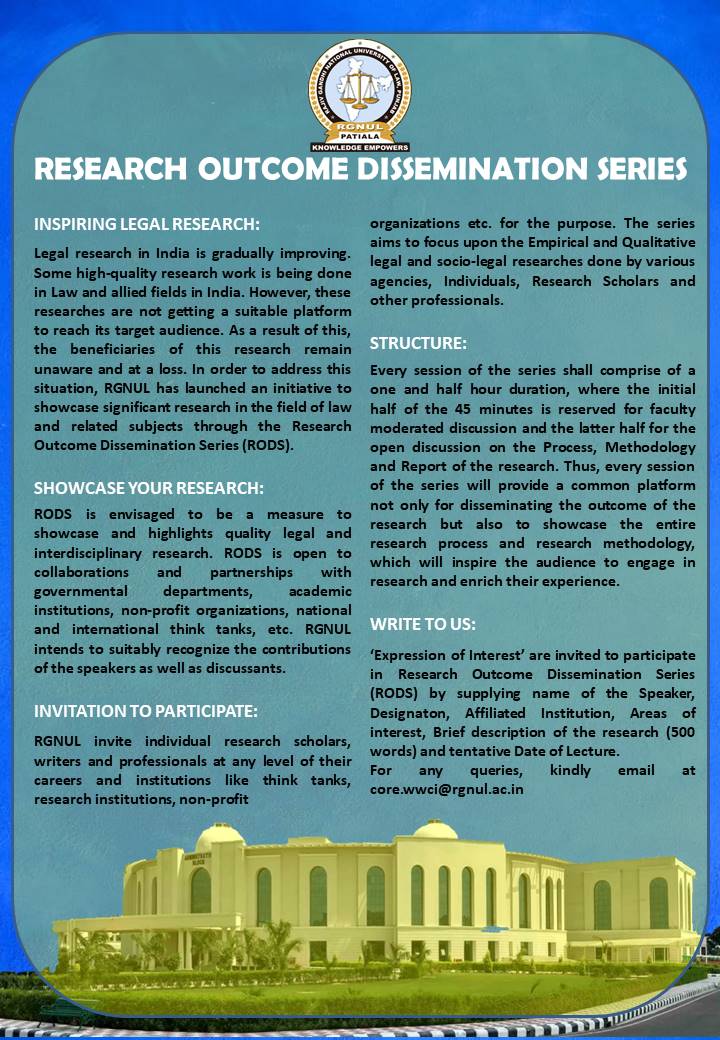 RGNULPUNJAB's tweet photo. RGNUL commences “Research Outcome Dissemination Series”
For any queries, kindly email at core.wwci@rgnul.ac.in
#nlu #legalstudy @clt_nluj @LiveLawIndia @glsr_gnlu @CILLNUJS @SBAnluo @hpnlu @NLIU_official @bajpaigs https://t.co/CknPseLBfo