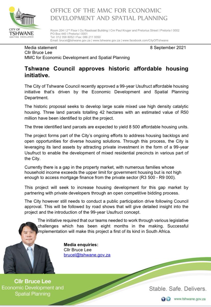 tshwane_mayor's tweet photo. [MEDIA STATEMENT] Tshwane Council approves historic affordable housing initiative. @CityTshwane @cnlrBruceLee https://t.co/dPrixcrbrw