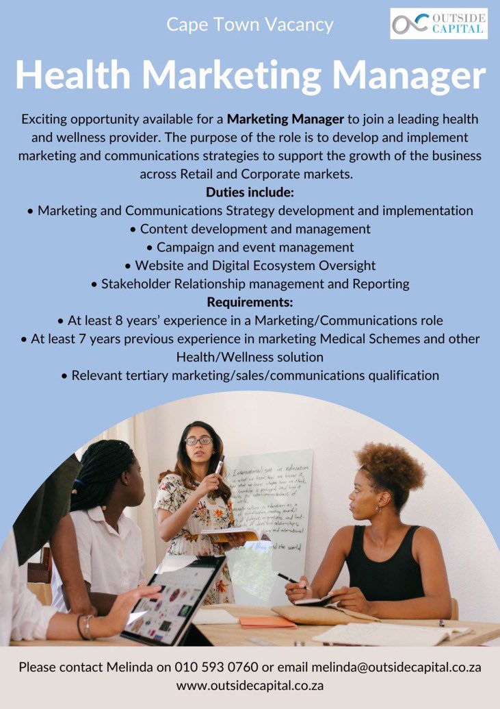 melindaqueck's tweet photo. Health Marketing Manager position available at leading health and wellness provider. Please contact me: melinda@outsidecapital.co.za https://t.co/q7fjylHRqS