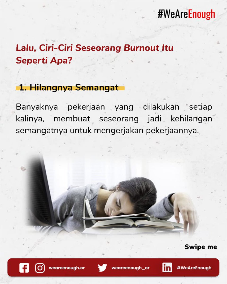 weareenough_or's tweet photo. Eyyoo sobat WAE! 
It's time to educate ✨

Siapa nihh yang sering ngerasa capek atau gampang emosi?? 

Hmm..
Apa jangan-jangan kalian lagi ngalamin burnout yah??
Emang burnout itu gimana sih?
 
Yuk cari tau dan pahami edukasi hari ini!!

#WeAreEnough https://t.co/qJyL8eigZc