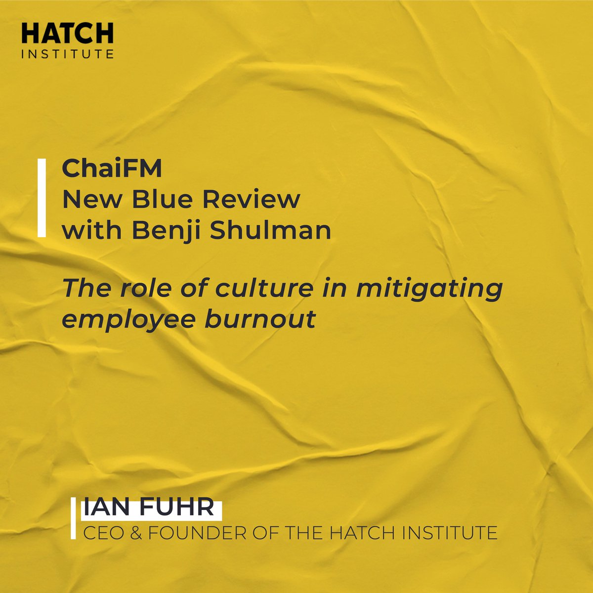 HatchInstitute_'s tweet photo. Leaders need to take responsibility for restoring balance in their organisations after the pandemic shake up. 

Listen to practical tips from Ian Fuhr on how to prevent employee burnout:  https://t.co/wzZdsR0LW5

#employeewellness #burnout  #chaifm #thebluereview #benjischulman https://t.co/zp8tNCK5RA