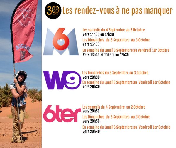 Rallye_Gazelles's tweet photo. Le Rallye sur vos écrans ! Retrouvez les programmes courts de la 30ème édition du @Rallye_Gazelles sur les chaines du Groupe @M6 (M6, @W9 @6ter) diffusés du samedi 4 septembre au dimanche 3 octobre 2021 et présentés par Bruno Solo. Soit 105 passages TV ➡ https://t.co/tKu734Lz6b https://t.co/druUhLLXXO