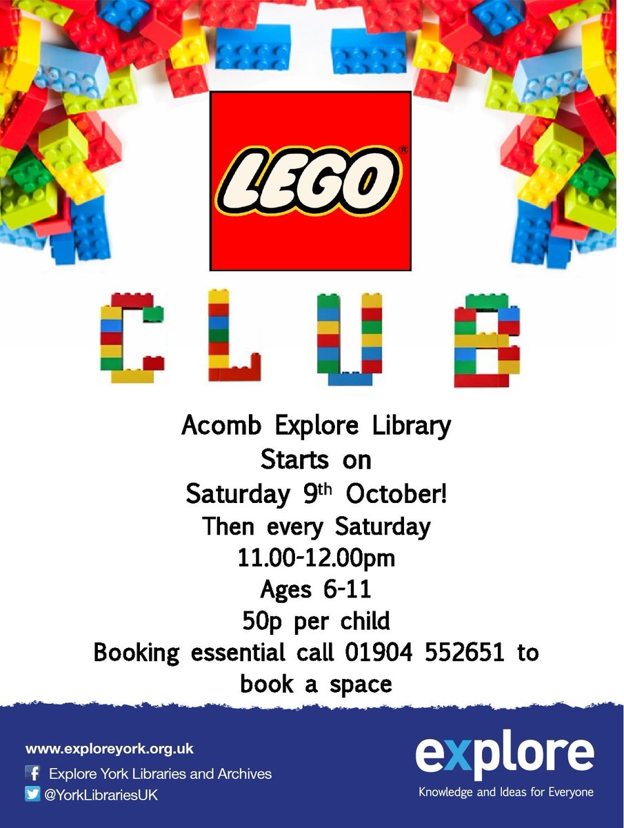 🎉 Exciting Announcement 🎉

Lego Club is back! Starting Saturday October 9th then every Saturday after. 

Booking essential call 01904 552651 to book a spot!