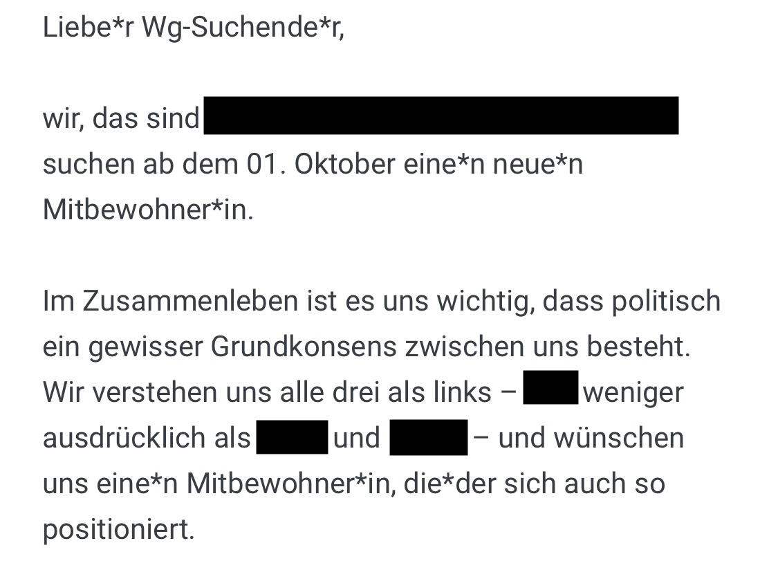 Gefunden bei der Suche nach einem WG-Zimmer. Bin ich eine schlechtere Mitbewohnerin, weil ich mich nicht als links definiere? Lasst uns miteinander diskutieren und uns nicht gegenseitig ausschließen! #Wohnen  #diversity #acceptance #Koeln