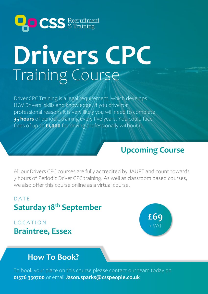 CssRecruitment1's tweet image. Are you looking for a #DriversCPC Training Course 🤷‍♂️

At CSS, we have a Saturday course taking place this month at our training centre in #Braintree, #Essex 👇