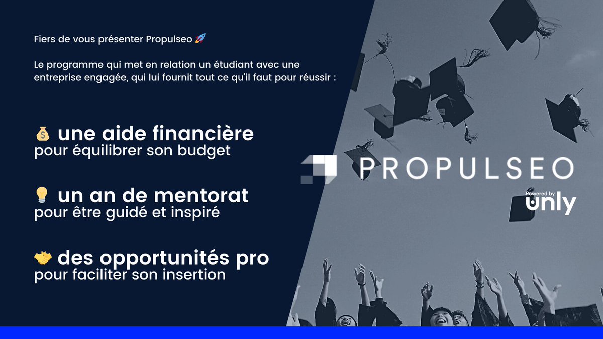 [Nouveau] Propulseo🚀

Un programme pour lutter contre la #précaritéétudiante et le #décrochage dans l’#enseignementSup
Objectif 🎯: Réinventer la bourse d'études, grâce à des entreprises engagées pour l'#EgalitedesChances 

Inscriptions : propulseo.unly.org 

#MadeInLyon 💪