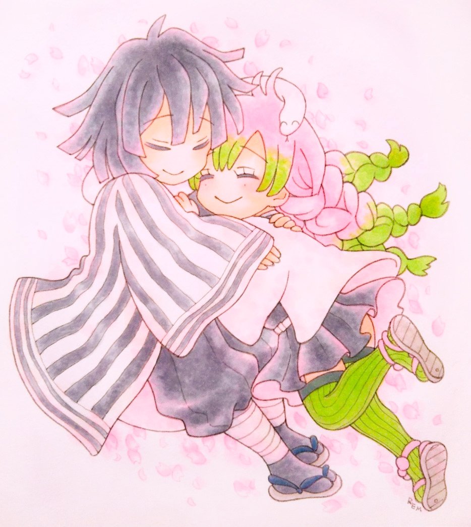 kanroji mitsuri 1girl 1boy pink hair green hair smile hug closed eyes  illustration images