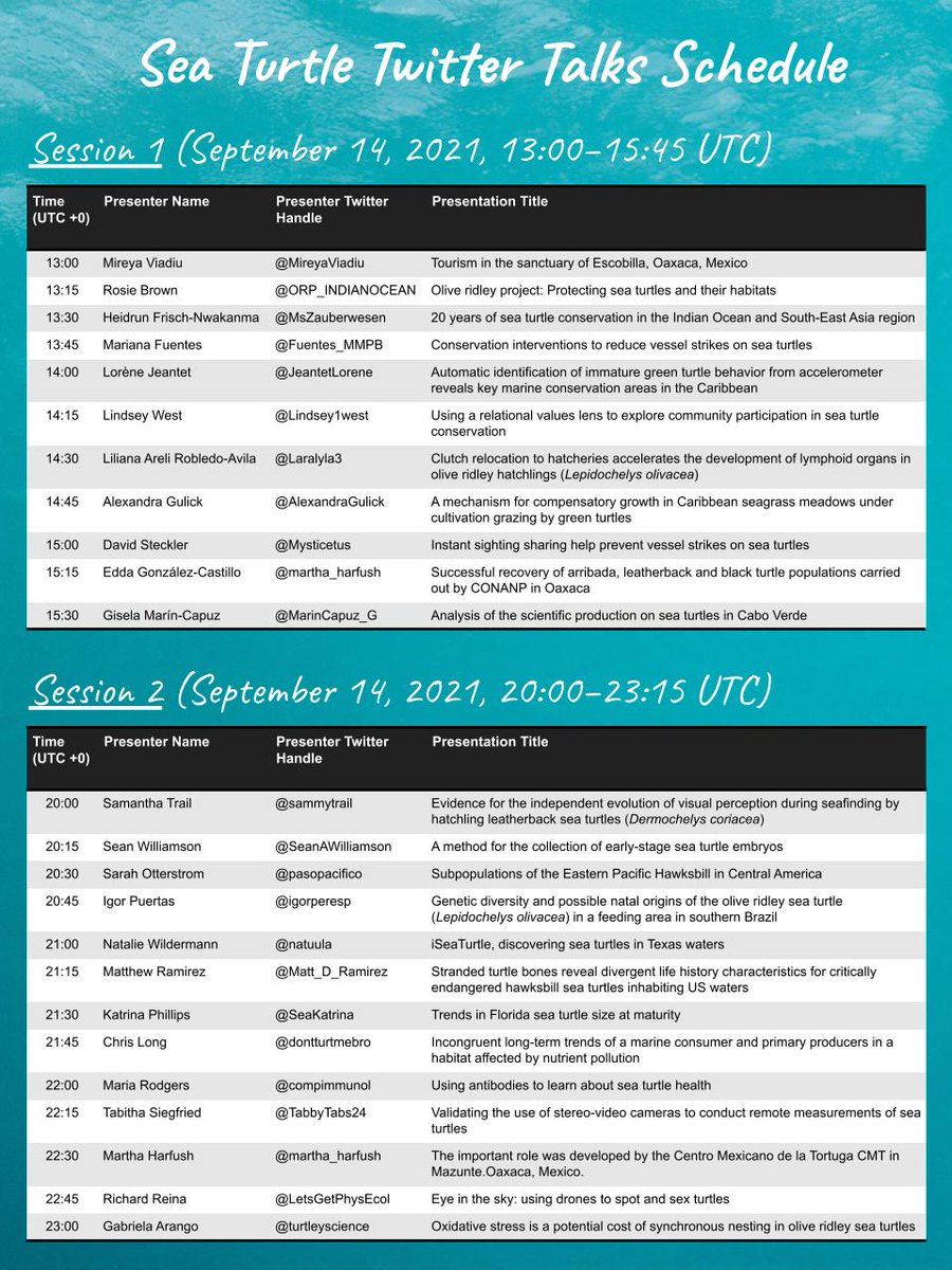 SeaTurtleTalks's tweet image. The schedule and abstract book for #SeaTurtleTalks Twitter event is now finalised! 
We will have presentations showcasing the latest #seaturtle #research, #conservation, #management and #outreach; covering multiple time zones and continents! 🗺️🐢