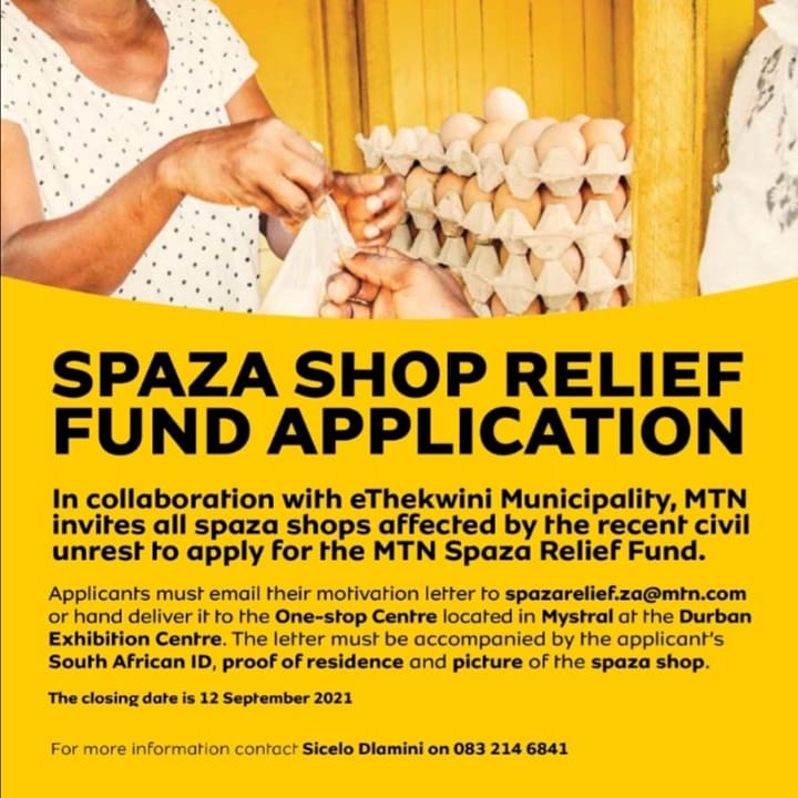 radiodurban's tweet photo. MTN and eThekwini Municipality partner to offer R10 million funding for looted spaza shops in KZN and Gauteng.
Apply before 12 September. 
#looting
#RadioDurban https://t.co/j3JybmF2iJ