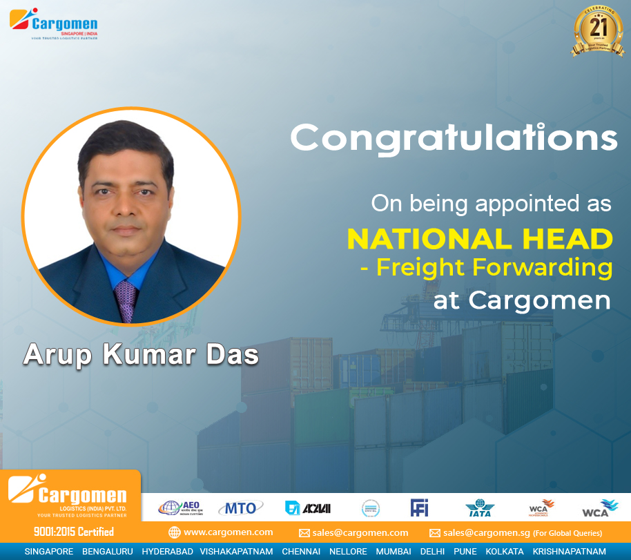 Cargomen Logistics proudly announces the appointment of Mr Arup Kumar Das as National Head - Freight Forwarding. 

#freightforwarding #freightforwardingservices #airfreightservices #airfreight #seafreight #seafreightservices