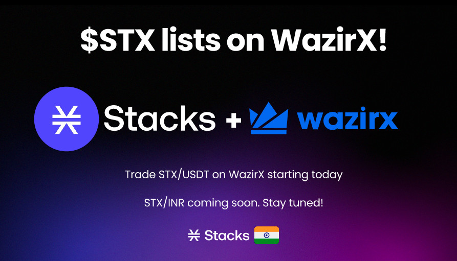 You voted and we listened. <a href="/Stacks/">stacks.btc</a> is now listed on <a href="/WazirXIndia/">WazirX: India Ka Bitcoin Exchange</a> 🎉🎊
You can start trading here: wazirx.com/exchange/STX-U…

आपने कहा और हमने सुना। <a href="/Stacks/">stacks.btc</a> अब <a href="/WazirXIndia/">WazirX: India Ka Bitcoin Exchange</a> पर उपलब्ध है 🎉🎊
अब आप यहां पर ट्रेडिंग शुरू कर सकते हैं: wazirx.com/exchange/STX-U…