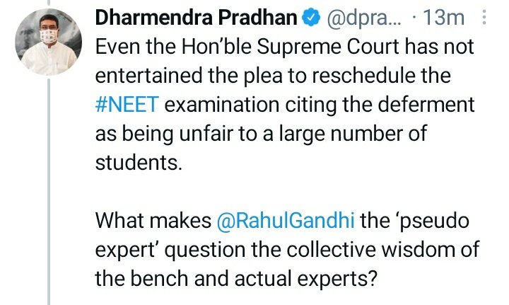 Vivekpandey21's tweet photo. I guess you are not aware of the judgement. SC said it's govt and authority choice. 
SC never said we don't want to postpone or we will postpone. 
So it's up to you and education ministry. 
@dpradhanbjp @RahulGandhi

#NEETUG2021
#shiftNEETUG2021 #JusticeForNEETAspirants https://t.co/RoLCkYtdWT